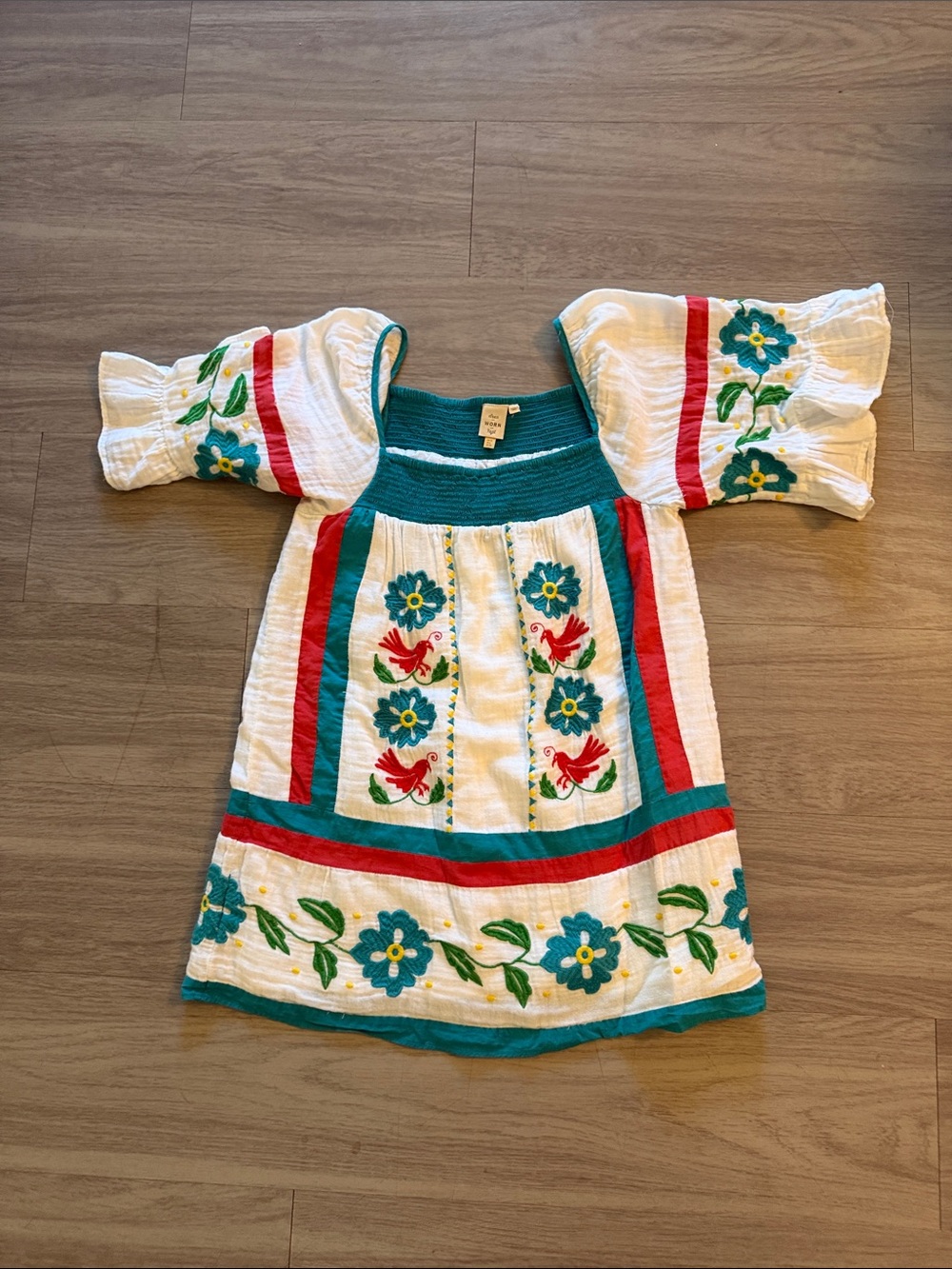 Embroidered White Peasant Tunic with Teal & Red Accents